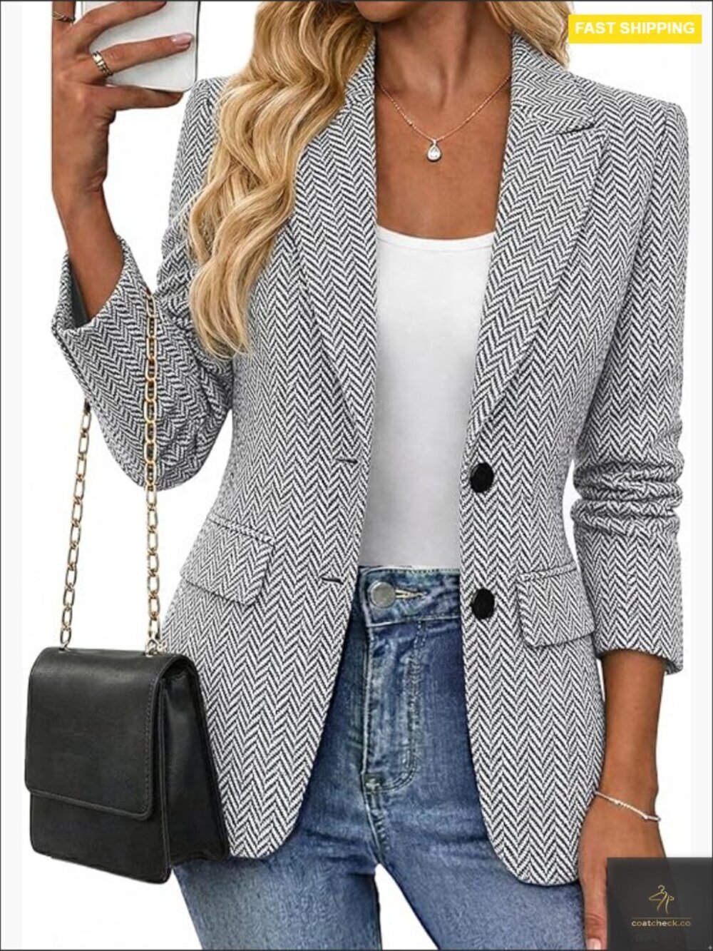Herringbone Tweed Blazer Slim Fit Open Front Lined Casual Work Office Jacket